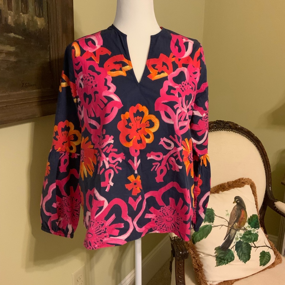 Frances Valentine Floral Blouse - Pink, Orange, and Navy